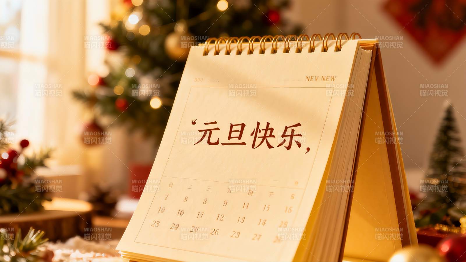 元旦日历与圣诞树温馨场景图片