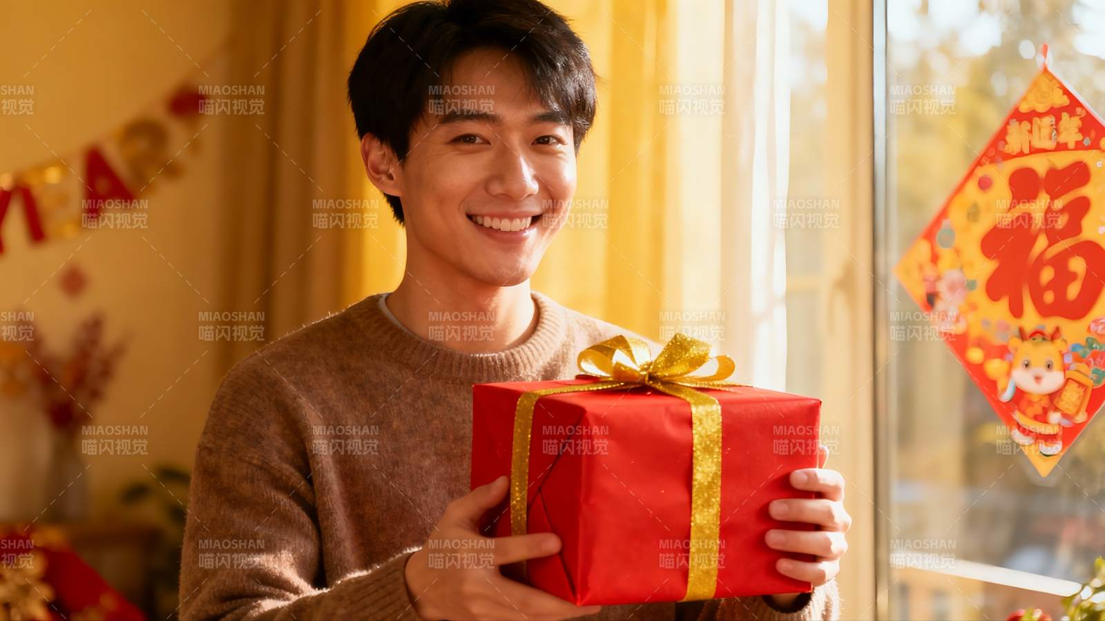 男子手持红色礼物盒室内庆祝图片