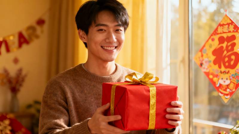 男子手持红色礼物盒室内庆祝图片