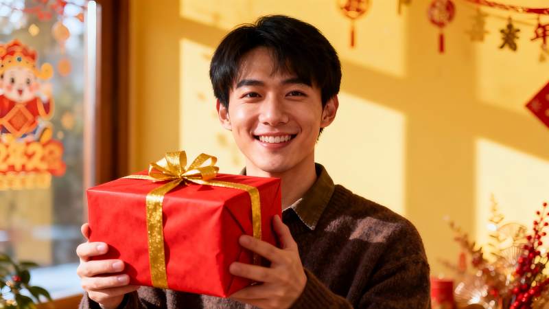 青年男子手持红色礼物盒图片