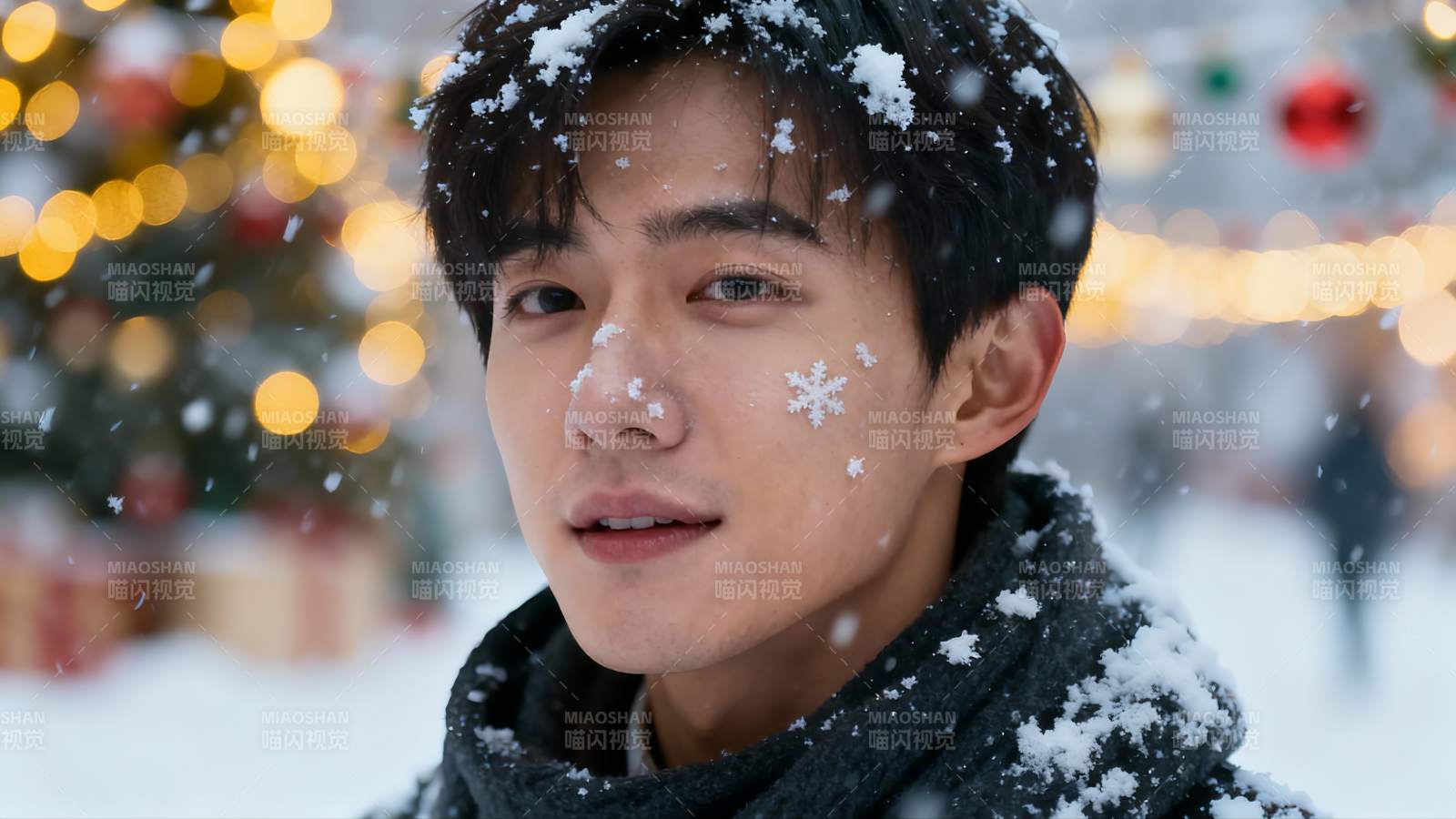 雪中青年圣诞氛围感写真图片