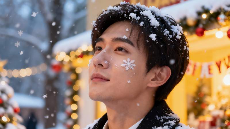 雪中青年仰望节日装饰图片