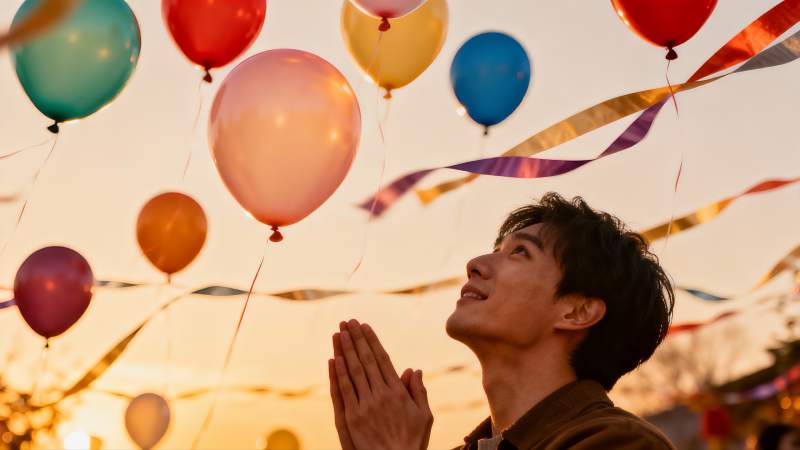 男子仰望彩色气球祈愿图片