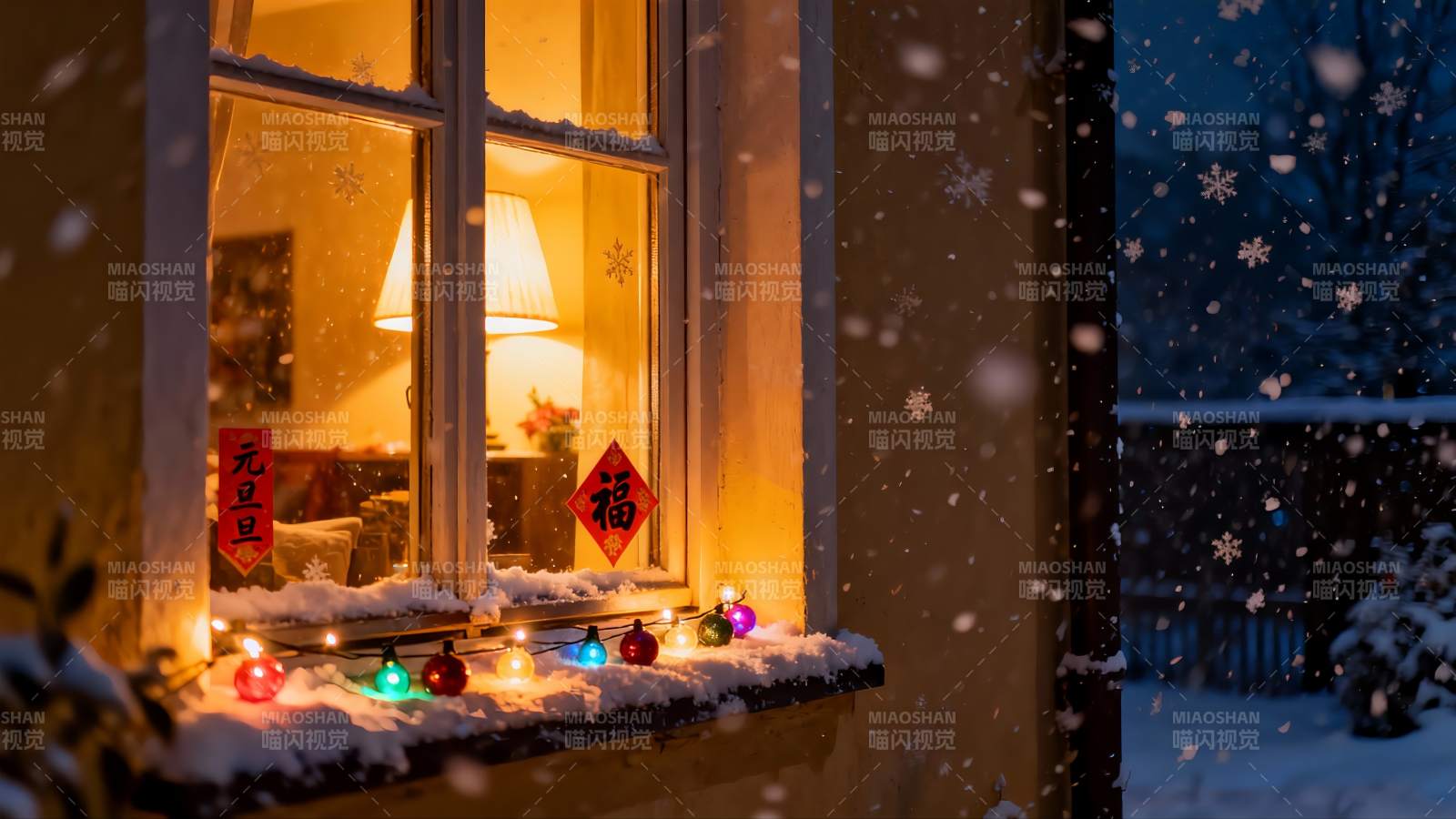 雪夜窗景温馨节日氛围图片