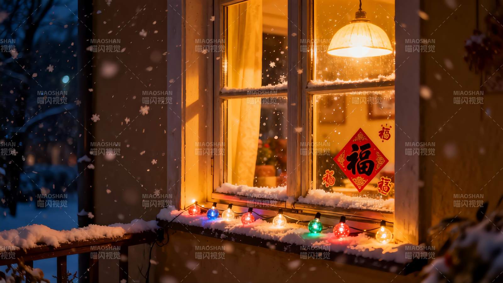 雪夜窗景温馨节日氛围图片