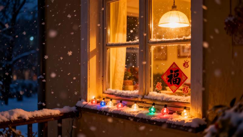 雪夜窗景温馨节日氛围图片