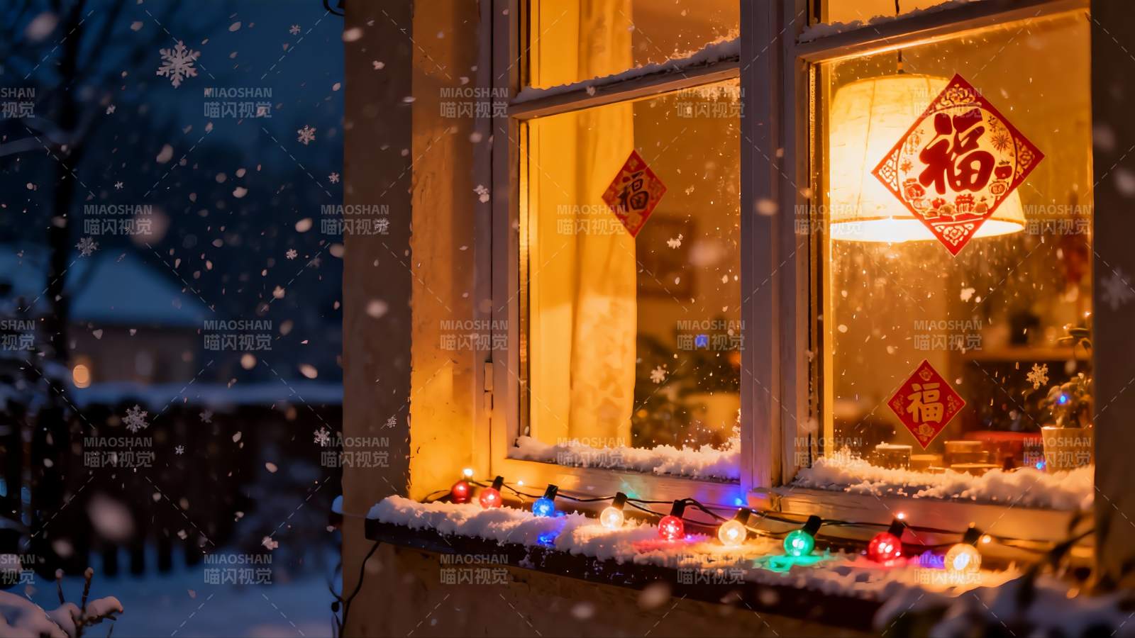 雪夜窗景温馨节日氛围图片