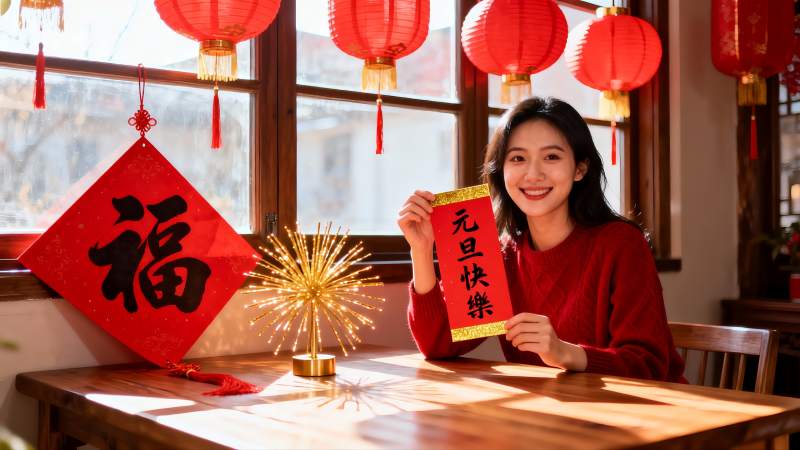 女子手持元旦祝福卡片庆祝节日图片