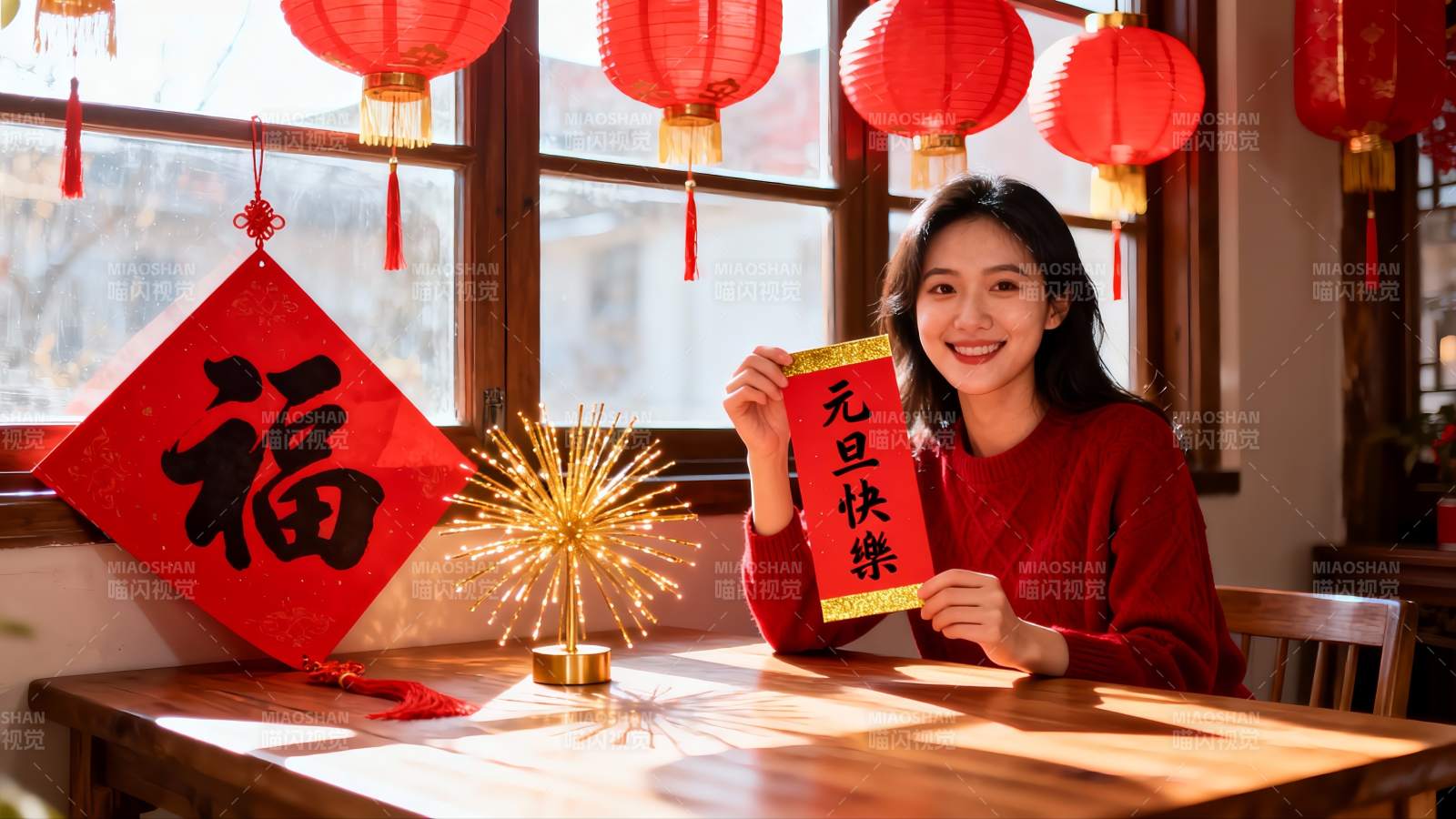 女子手持元旦祝福卡片庆祝节日图片