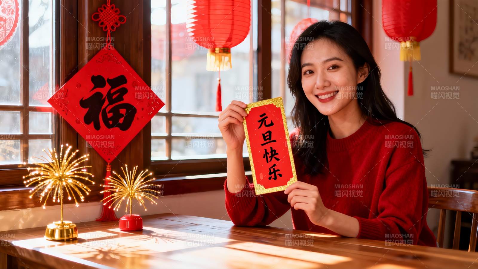 女子手持元旦贺卡庆祝新年图片