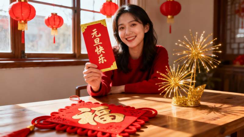 女子手持红包庆祝元旦图片