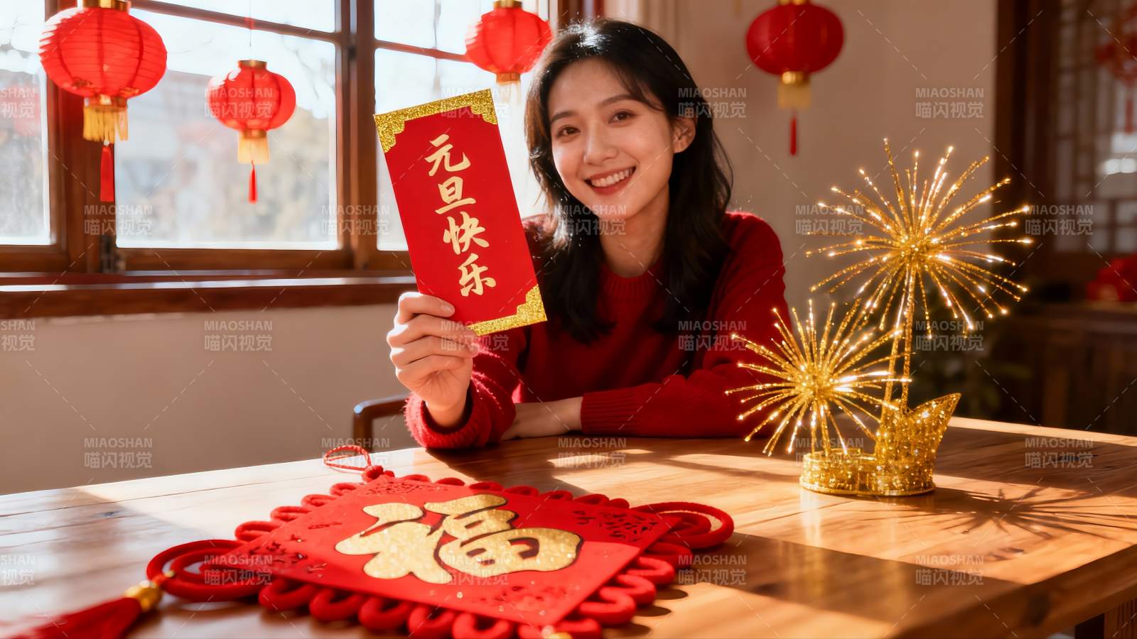 女子手持红包庆祝元旦图片