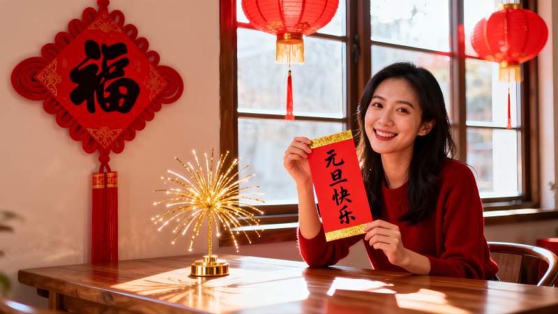 女子手持新年贺卡室内喜庆场景图片