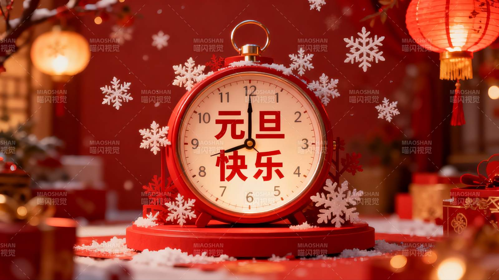 元旦红色闹钟装饰场景图片
