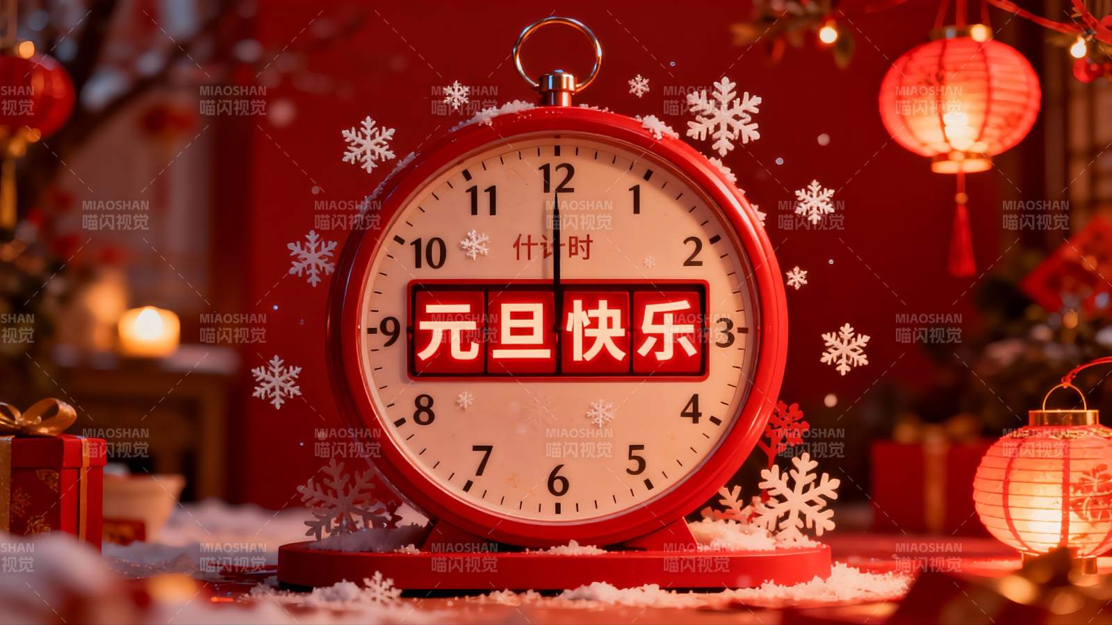 元旦新年红色闹钟装饰场景图片