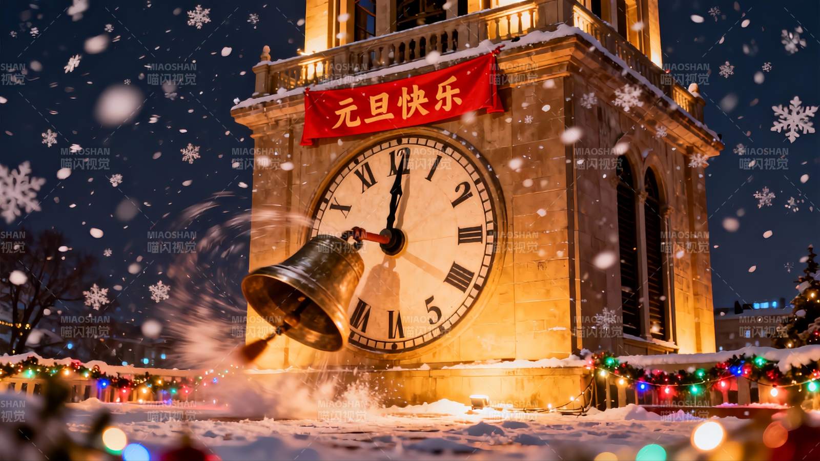雪夜钟楼新年钟声图片