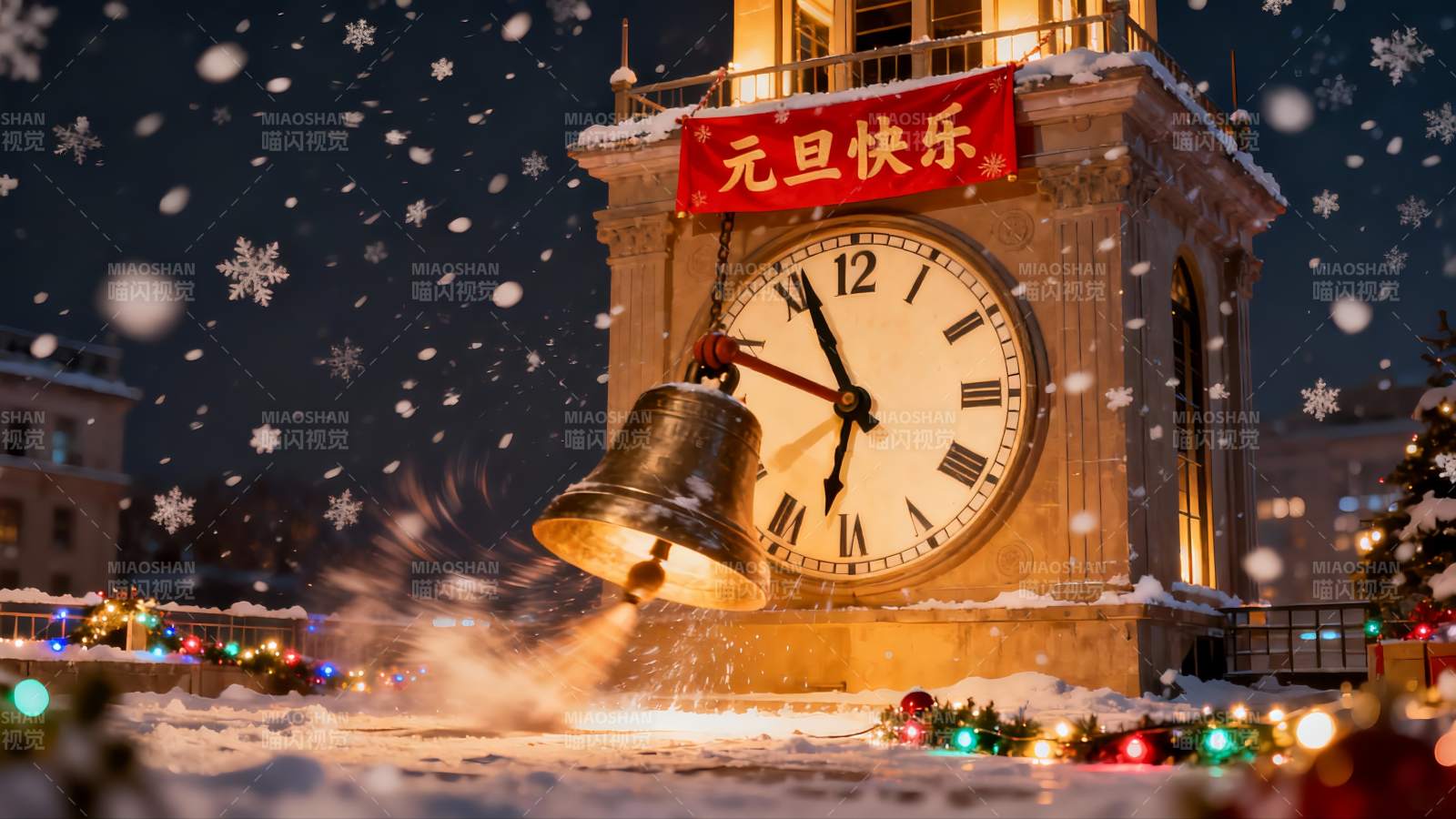 雪夜钟楼敲响元旦快乐图片