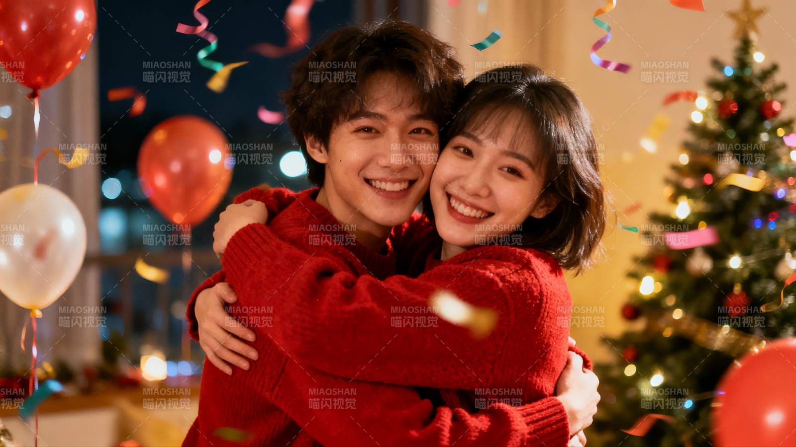 情侣圣诞夜拥抱庆祝图片