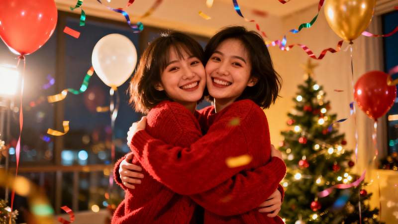 圣诞派对闺蜜拥抱欢乐瞬间图片