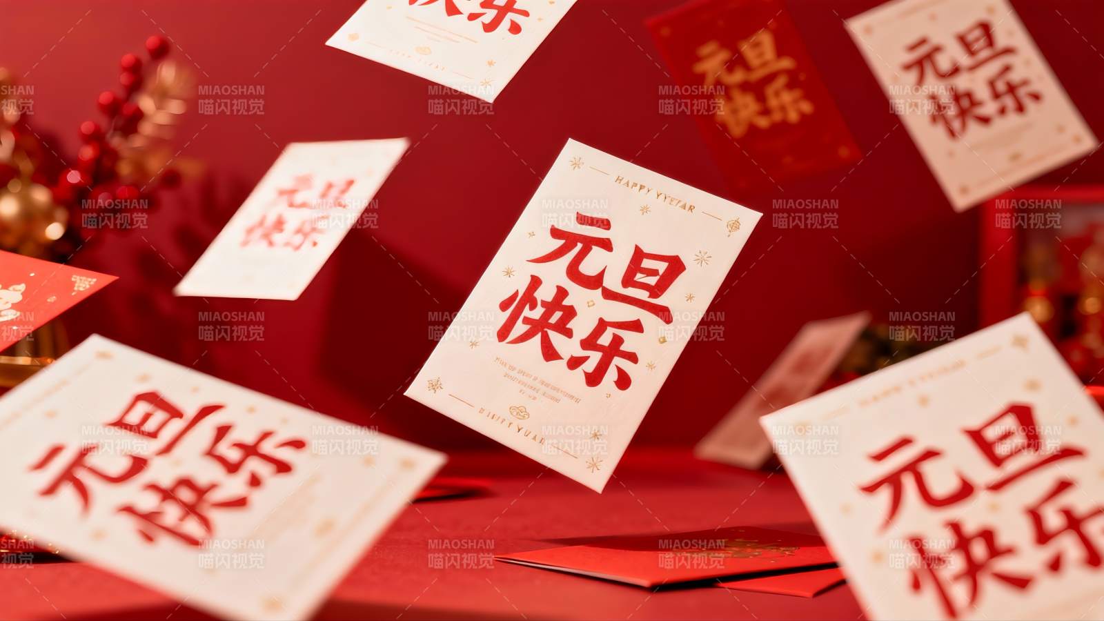 红色背景元旦祝福卡片飘落图片