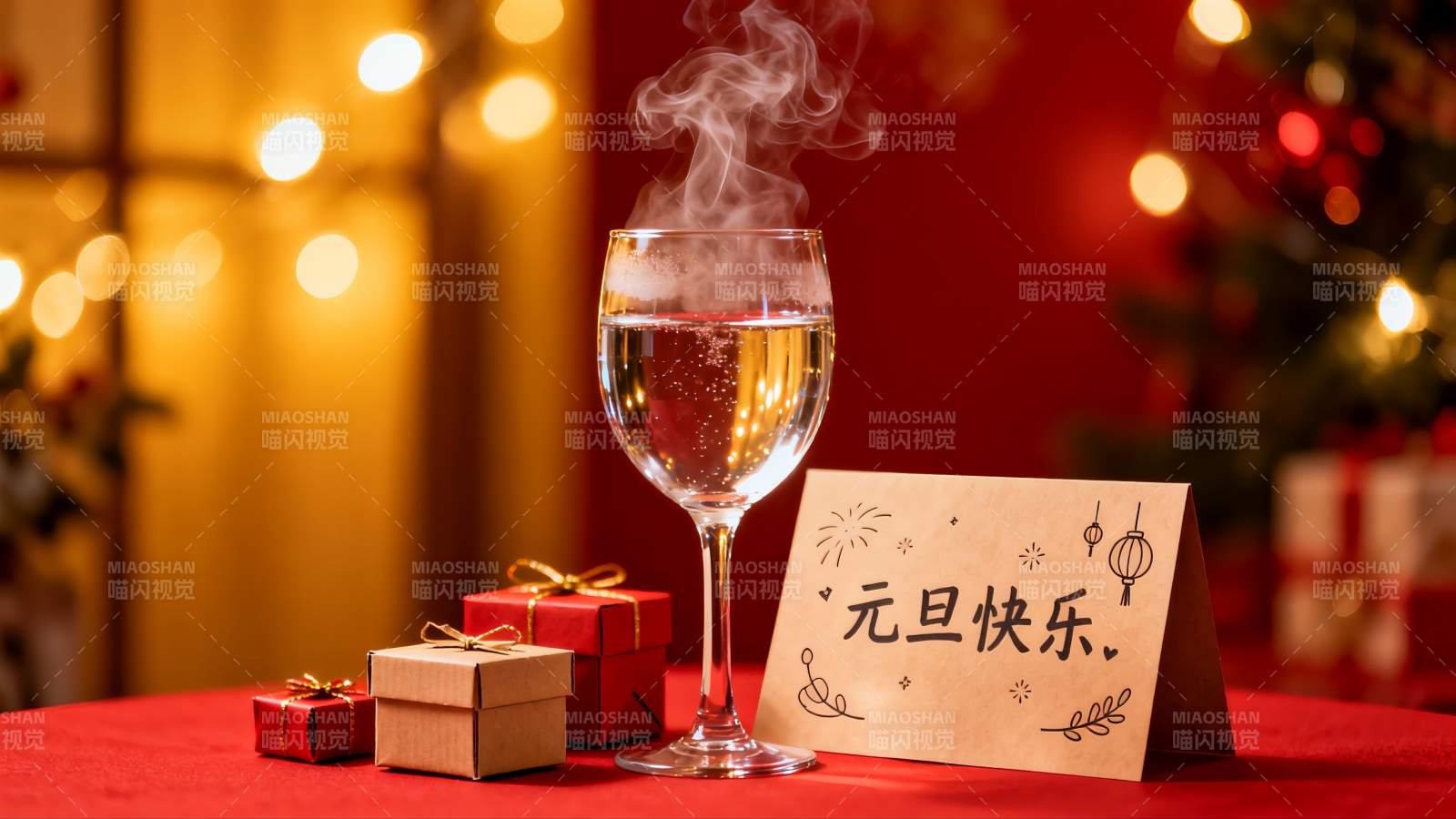 元旦庆祝酒杯与礼物图片