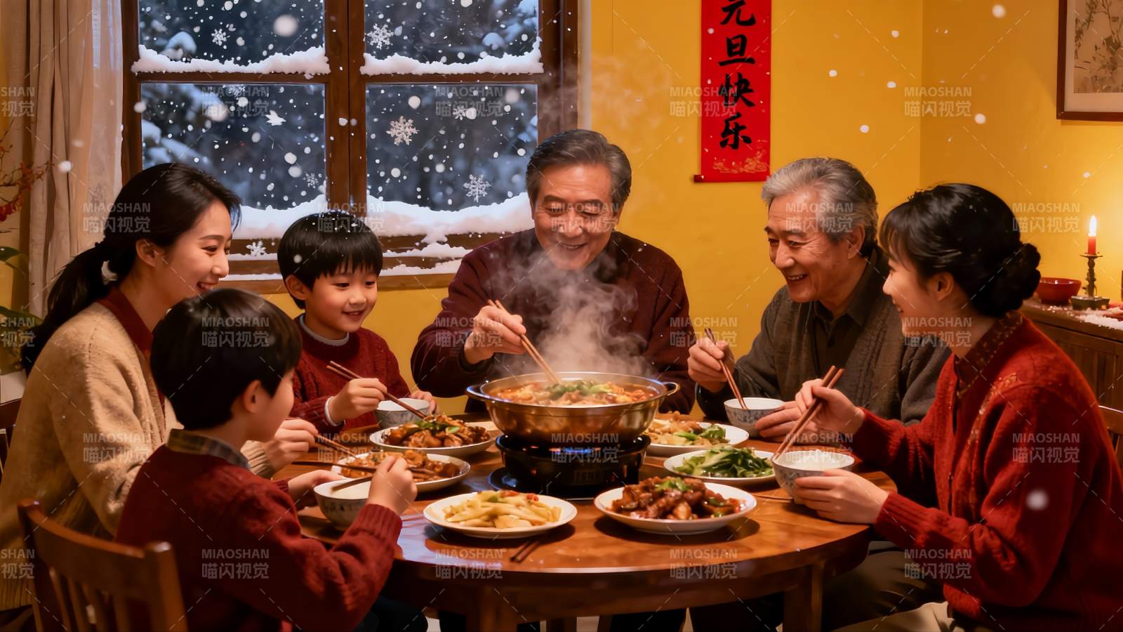 家庭围坐火锅团圆饭图片
