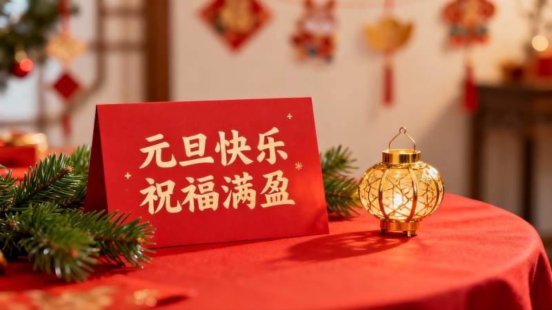 元旦节日装饰红卡与灯笼图片