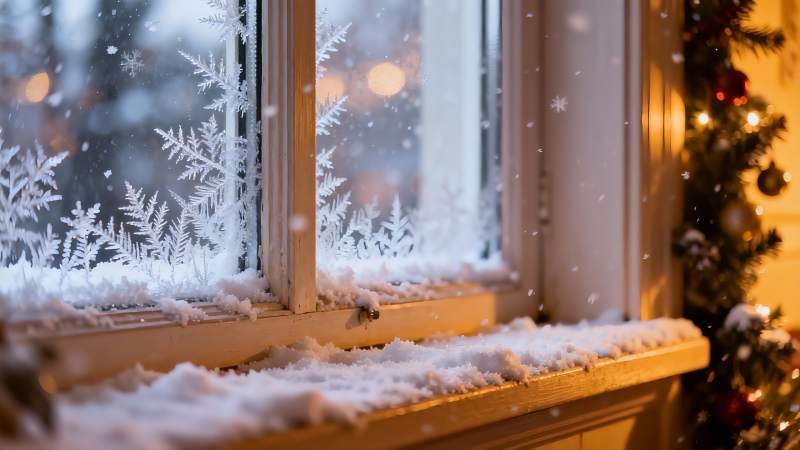 窗前雪景温馨节日氛围图片