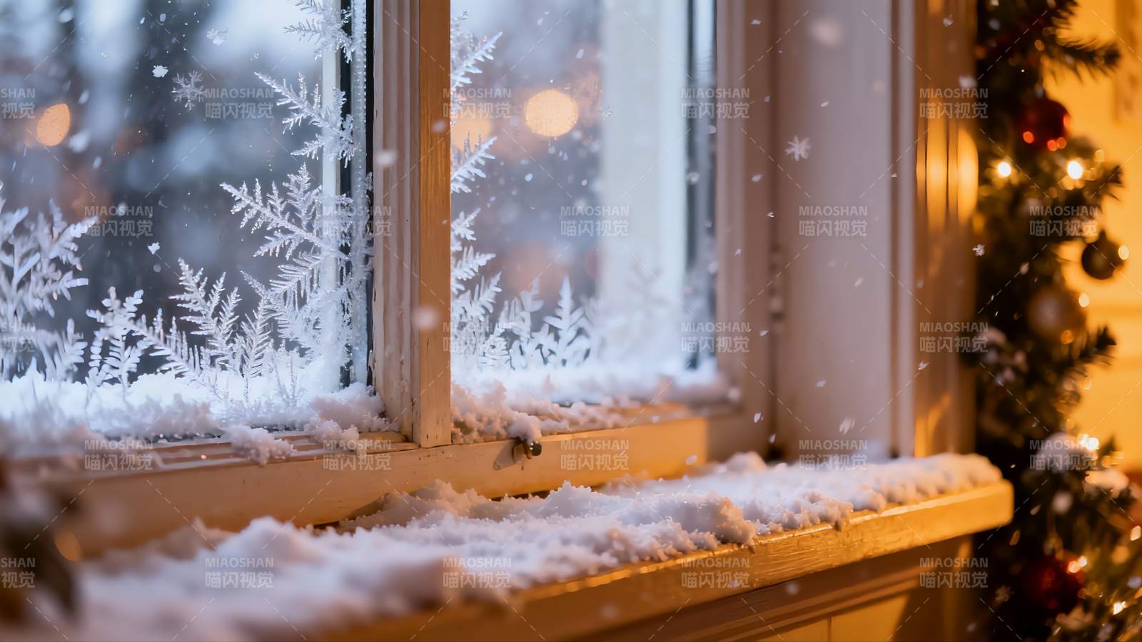 窗前雪景温馨节日氛围图片