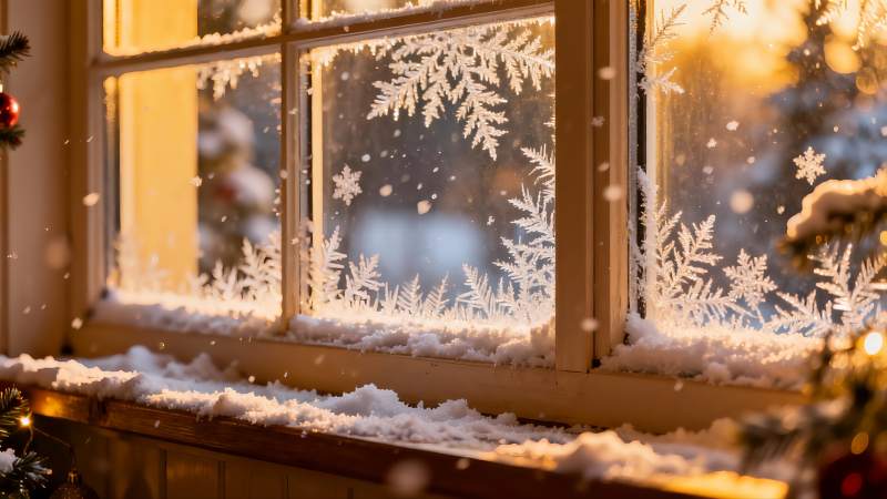 冬日窗前雪景光影图片