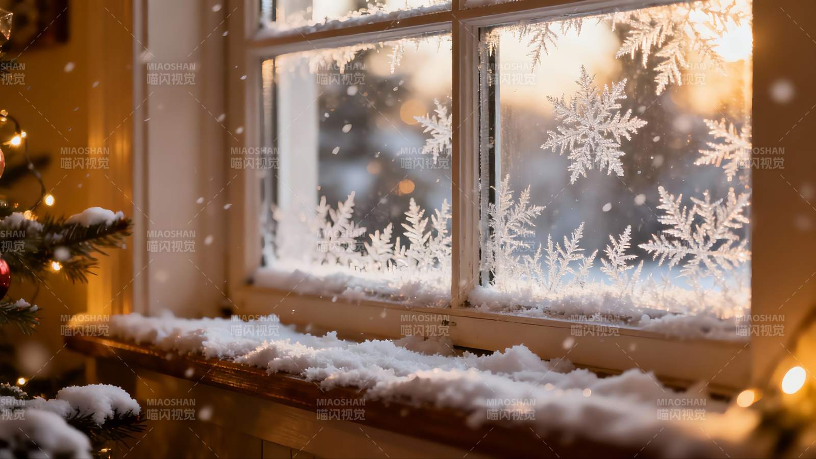 窗前雪景圣诞树图片