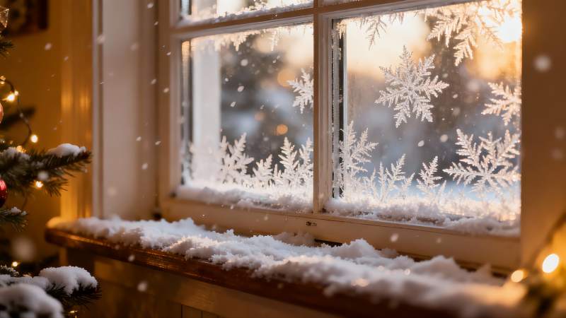 窗前雪景圣诞树图片