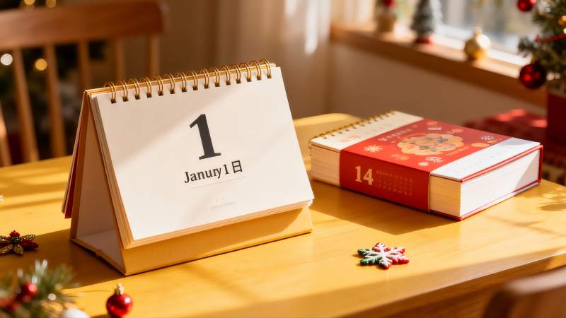 新年日历与圣诞装饰桌面图片