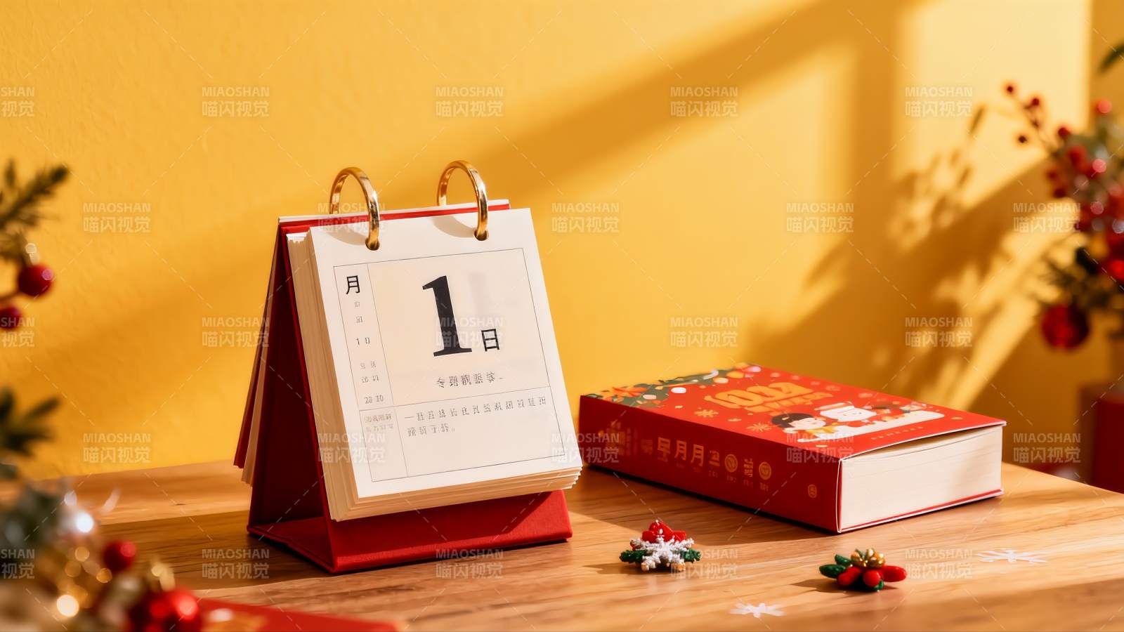 新年日历与红色书籍桌面摆设图片