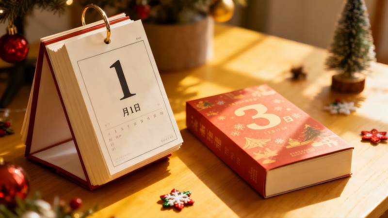 圣诞装饰桌面日历与书籍图片