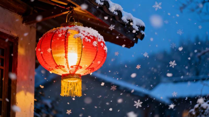 雪夜红灯笼挂檐下图片