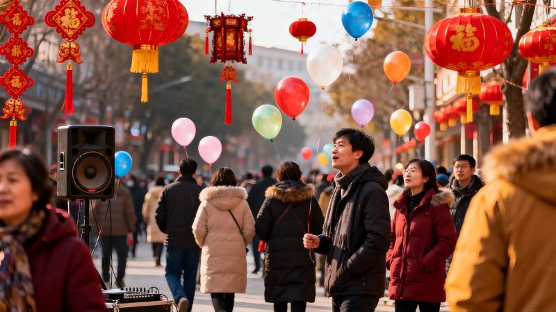 街头挂灯笼气球人群熙攘图片