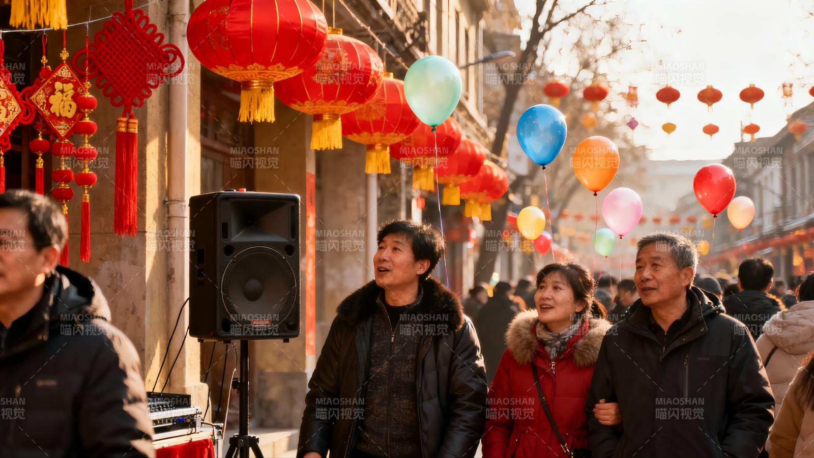 春节街头挂灯笼人群欢聚图片