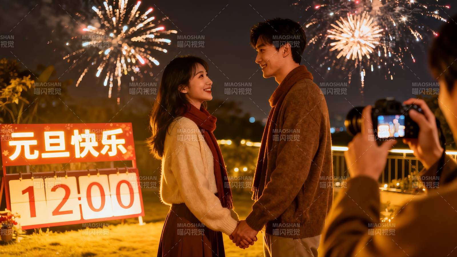 情侣烟花下新年庆祝拍照图片