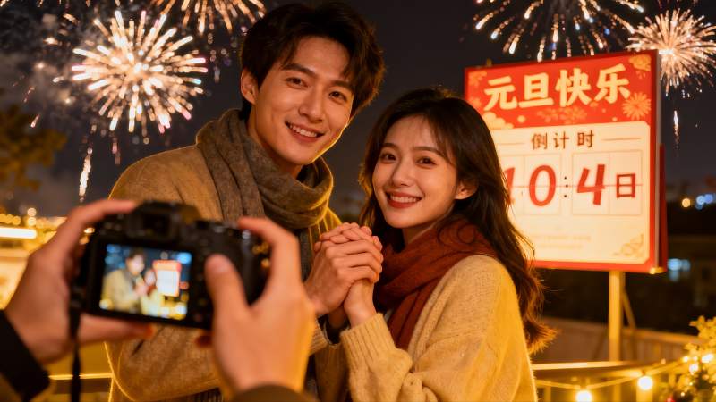 情侣新年烟花下合影图片