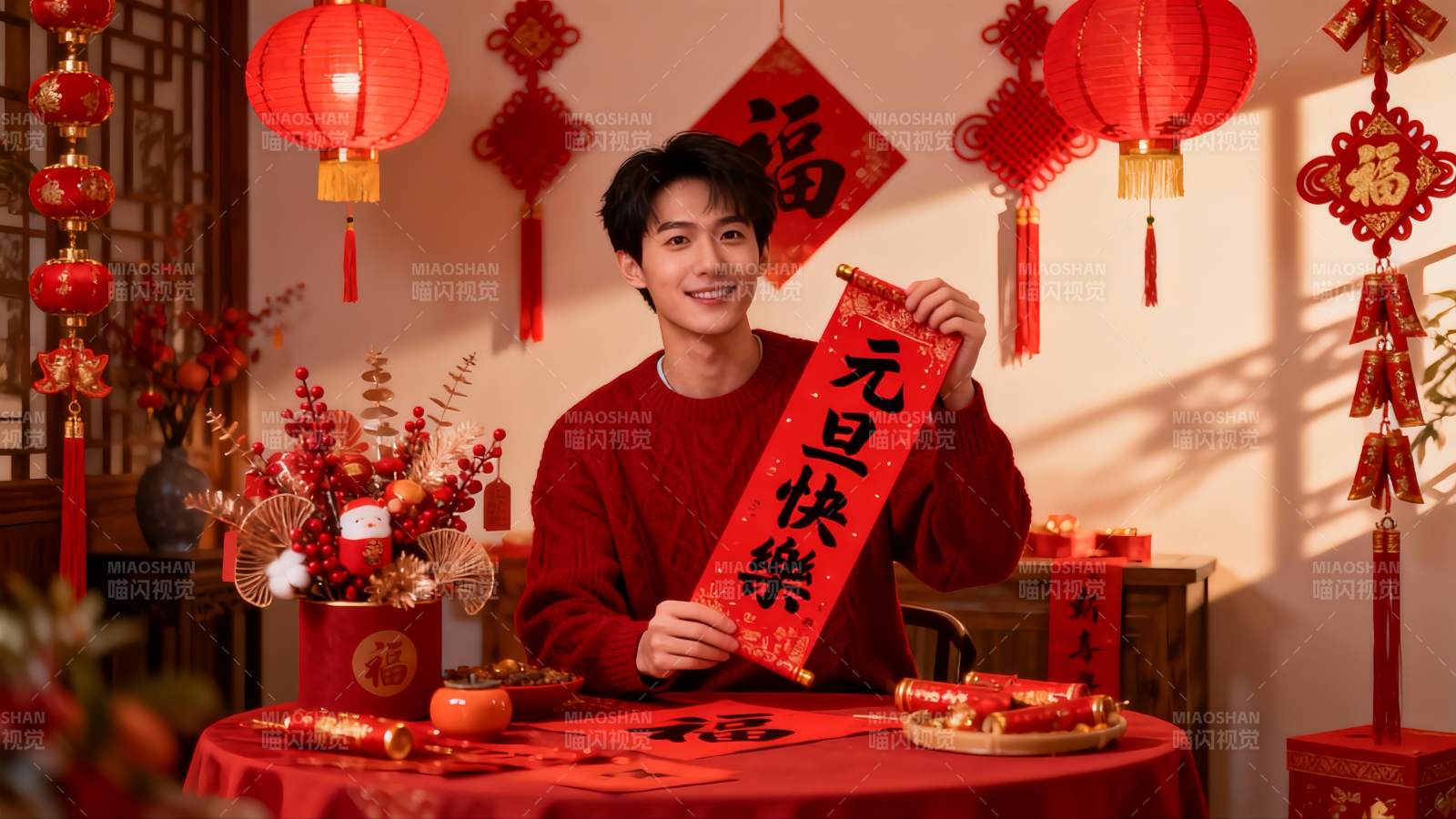 新年室内装饰与人物庆祝场景图片