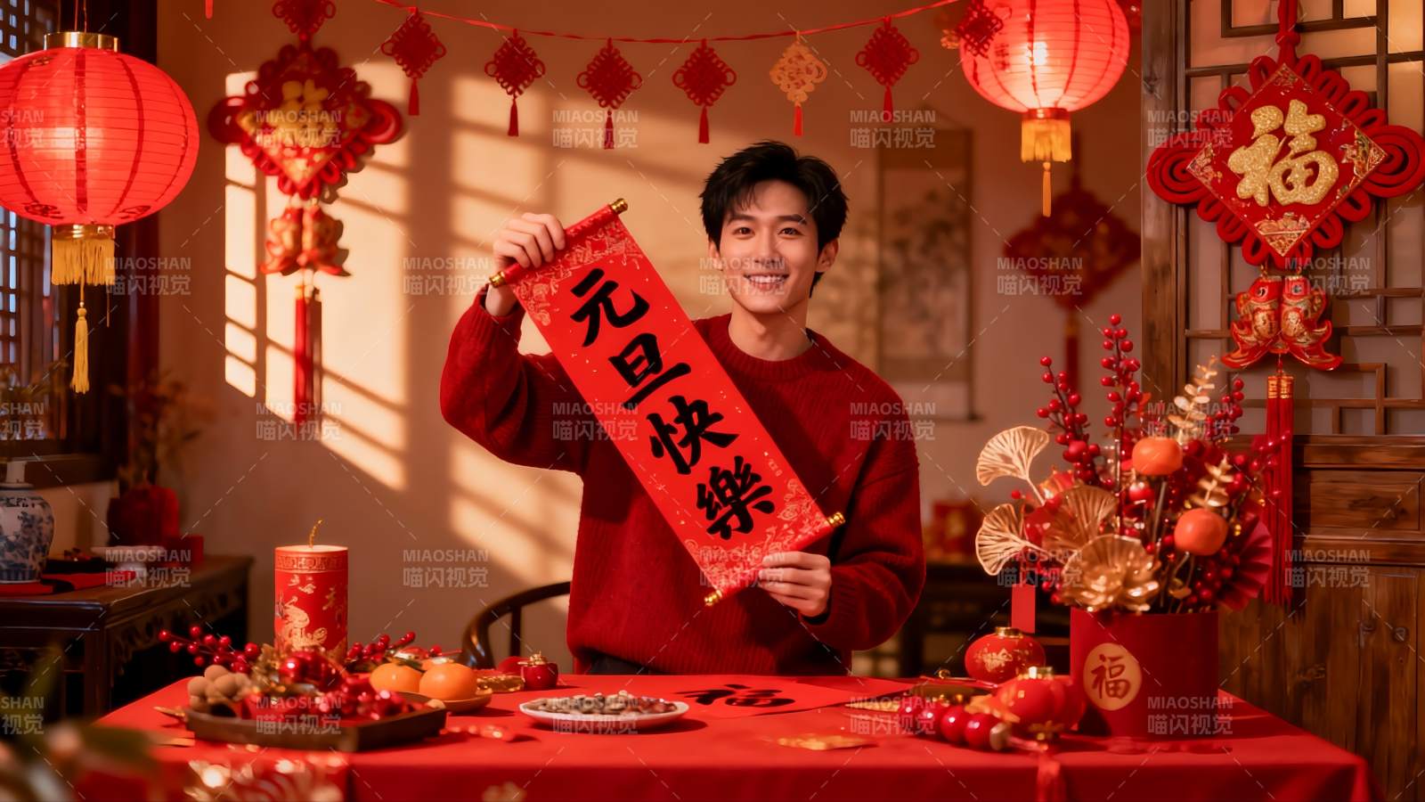 男子手持春联庆祝元旦图片