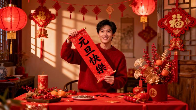 男子手持春联庆祝元旦图片