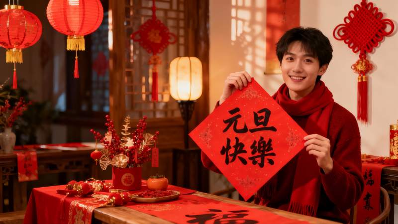男子手持元旦快乐红色祝福牌图片