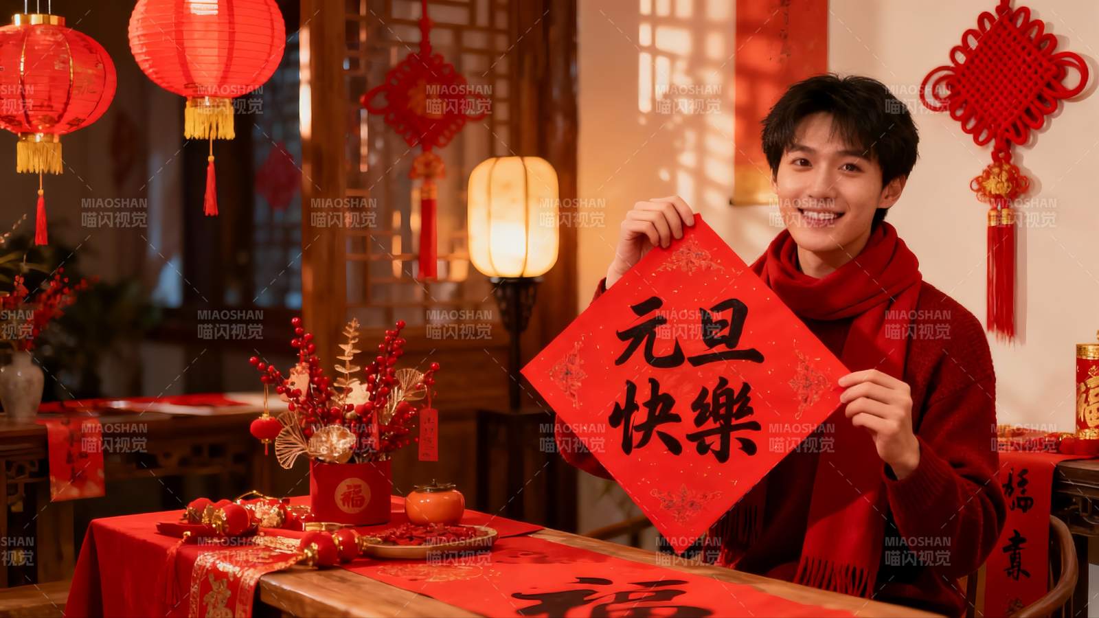 男子手持元旦快乐红色祝福牌图片