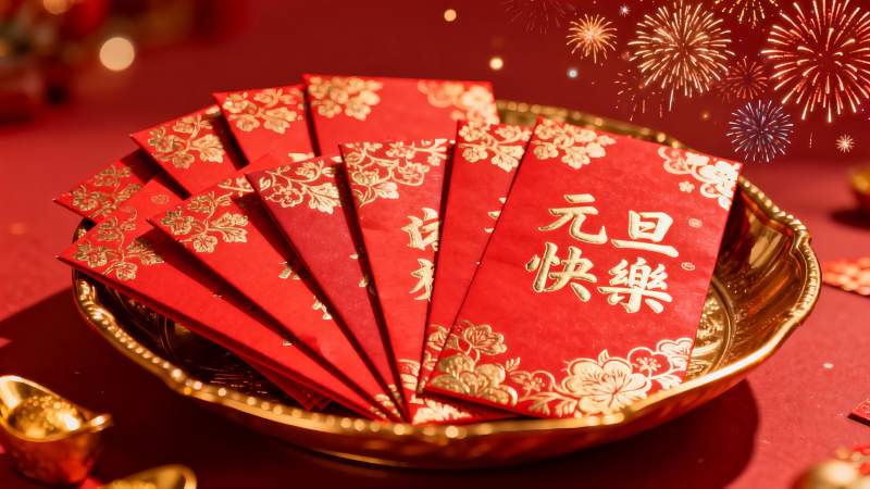 红色红包与烟花庆祝新年图片