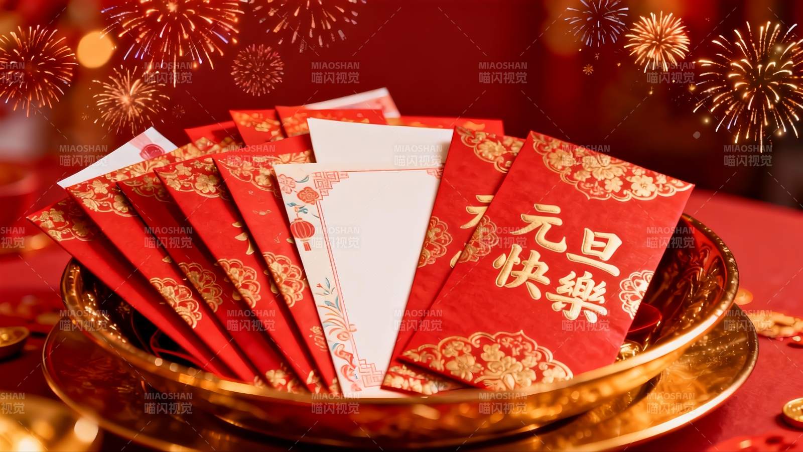 红色红包与烟花庆祝新年图片