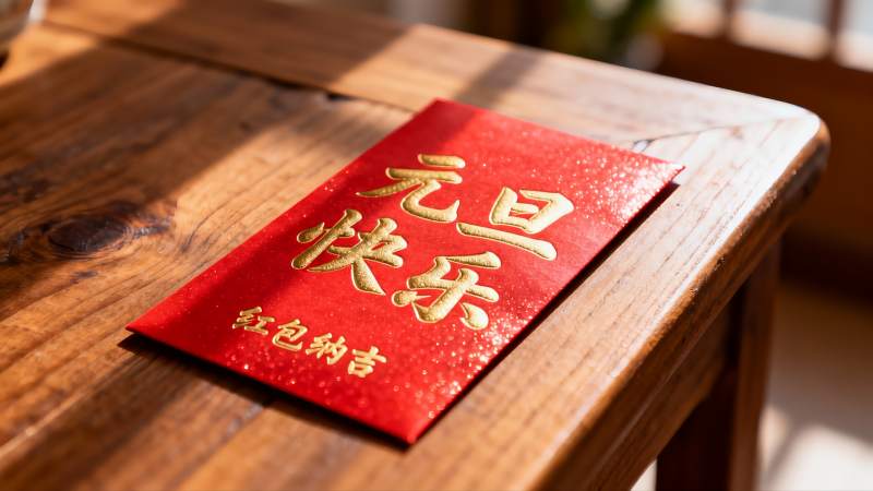 新年红包置于木质桌面图片