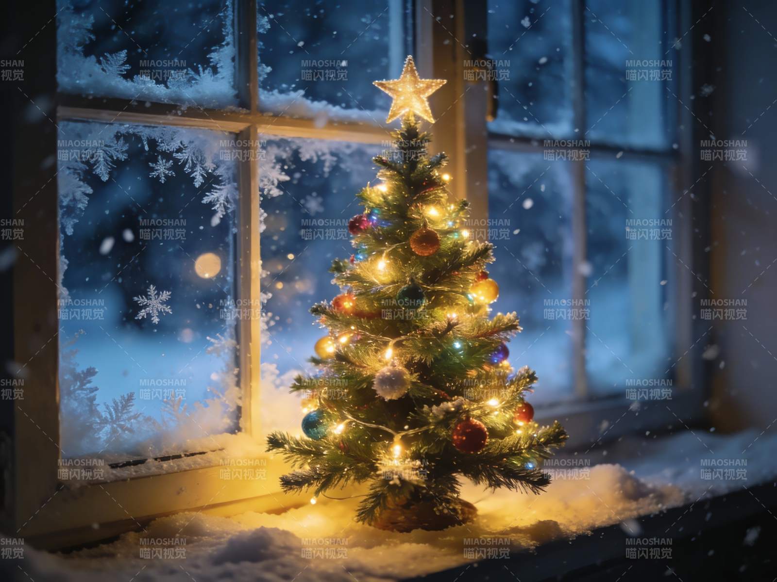 窗边圣诞树雪景温馨图片