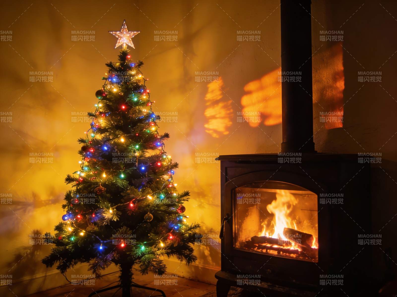 圣诞树旁壁炉温暖过节图片